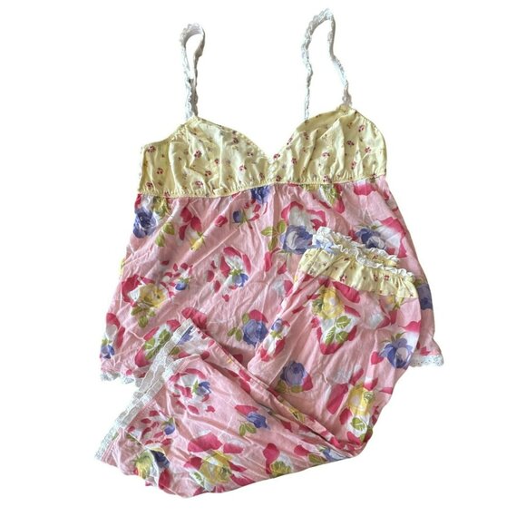 Eloise Floral Pajama Set Lace Trimmed Top = Large Bottoms = M Yellow Pink Cotto - Picture 1 of 9